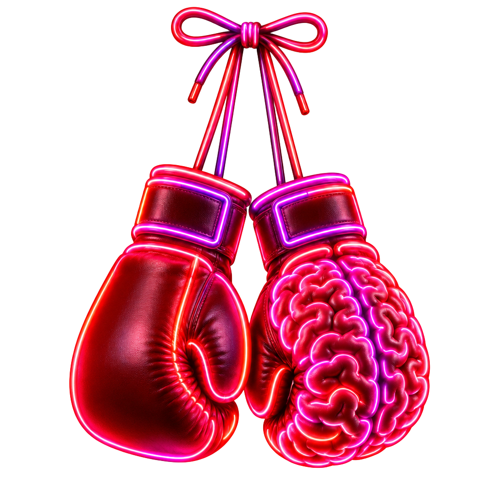Neon boxing gloves hanging by their laces